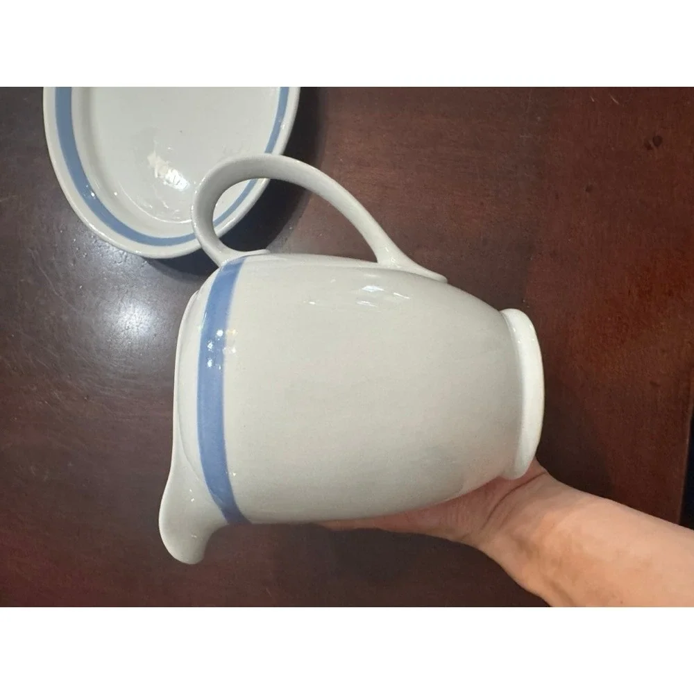 Arabia Finland Blue Band Stoneware Pitcher and Oval Underplate Set White MCM